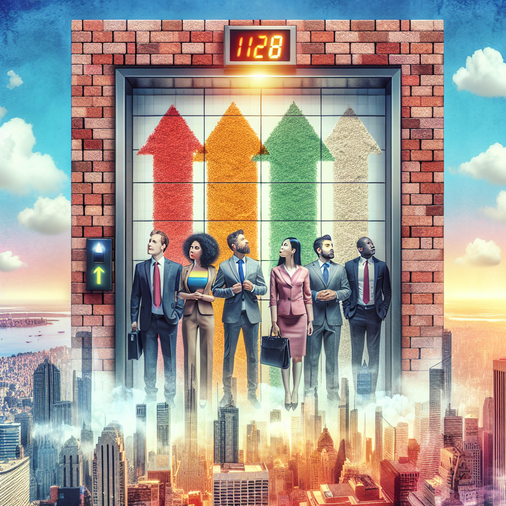 Groupe diversifié de personnes dans un ascenseur symbolic fait de briques, observant les chiffres ascendants de la valeur immobilière, avec un horizon de rêve en arrière-plan, couleurs vives exprimant optimisme et suspense.