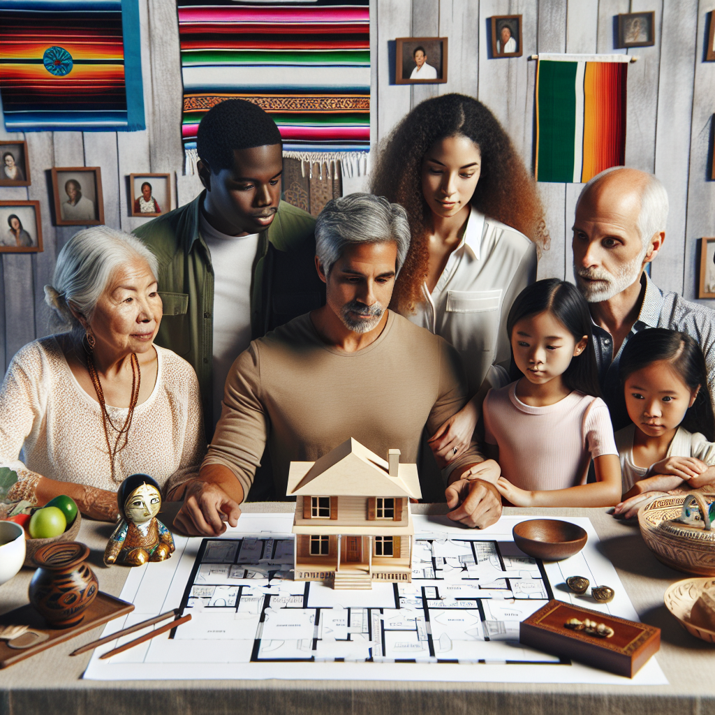 Une famille diverse composée d'une grand-mère hispanique, un père noir, une mère asiatique, une fille du Moyen-Orient et un fils blanc est rassemblée autour d'une table, fixant avec intérêt un plan d'architecture de propriété familiale étalé sur la table. Des symboles de leur héritage ancestral, tels que des photos de famille, des héritages et des artefacts culturels variés comme un vase mexicain et un service à thé asiatique, les entourent. Au centre, un modèle de maison sur la table symbolise l'immobilier et le thème de l’honneur de l’héritage familial à travers la propriété.