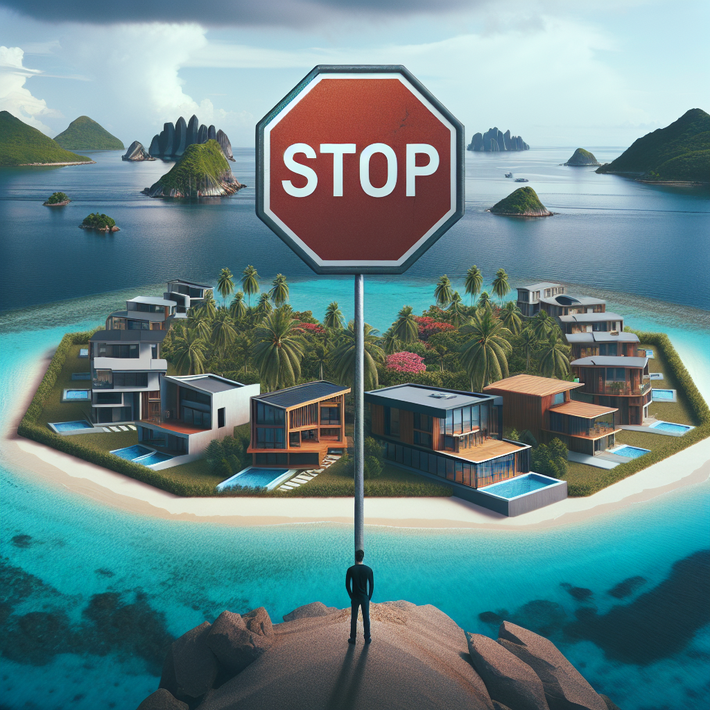 Image d'un panneau avec le symbole 'STOP' en grand, sur fond d'îles tropicales pittoresques avec des maisons modernes, des jardins luxuriants et une plage de carte postale. Une figure au loin observe avec envie les propriétés.