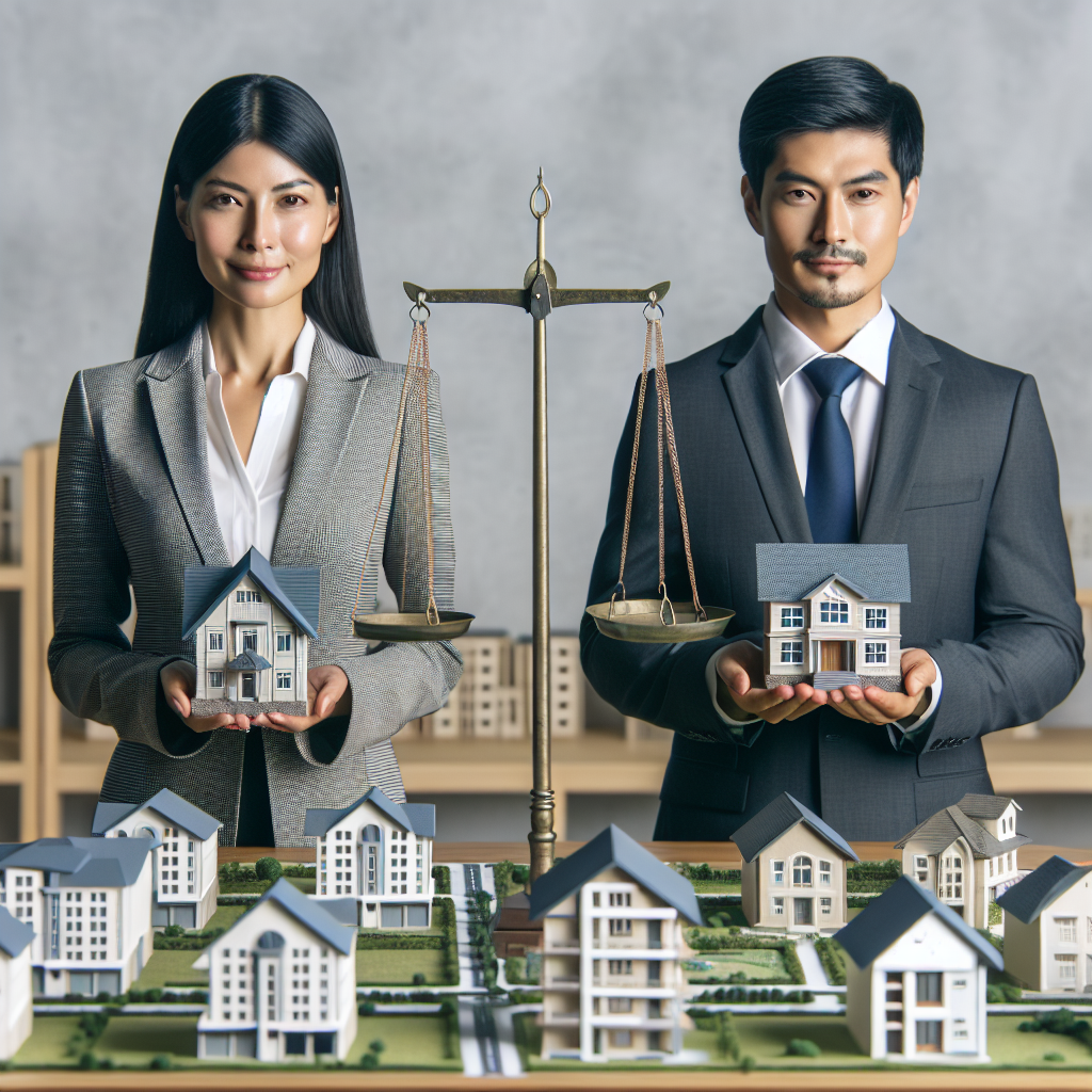 Deux professionnels, une femme d'origine hispanique et un homme d'origine est-asiatique, en tenue de travail, discutent devant une maquette représentant un quartier résidentiel varié. Ils tiennent chacun une petite maison miniature, symbolisant différentes options immobilières sur le point d'être choisies. Une balance en arrière-plan penche subtilement en faveur de la maison qu'ils semblent préférer, illustrant le concept de prise de décision judicieuse. Autour, divers petits bâtiments rehaussent l'idée d'un vaste marché immobilier.