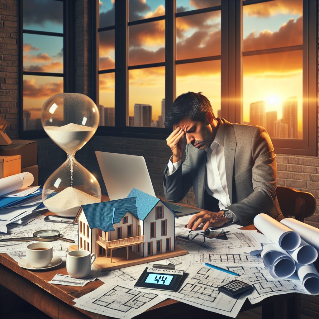 Un homme d'origine hispanique est assis à un bureau désordonné rempli de papiers, de plans architecturaux et de publicités immobilières, avec une tasse de café à côté. Il semble stressé et se frotte les yeux de frustration. Sur le bureau, une maison modèle demeure inachevée. À l'extérieur, le soleil se couche, soulignant la fin d'une longue journée. Entre la maison modèle et l'homme, un grand sablier met en évidence le temps qui passe, symbolisant l'urgence et les conséquences de la procrastination dans le contexte de l'immobilier.