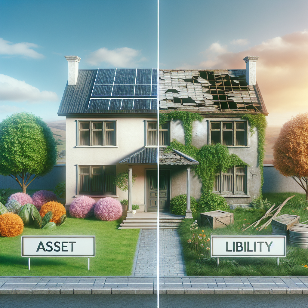 Image d'une juxtaposition entre deux propriétés voisines pour illustrer le concept d'actifs et de passifs dans le secteur immobilier. À gauche, une maison moderne, bien entretenue avec un jardin luxuriant symbolisant un actif. À droite, une maison délabrée aux murs fissurés et envahie par la végétation sauvage, représentant un passif. Un trait visible sépare les deux demeures, accentuant le contraste et la dualité entre l'entretien et la négligence, l'investissement rentable versus le fardeau financier.