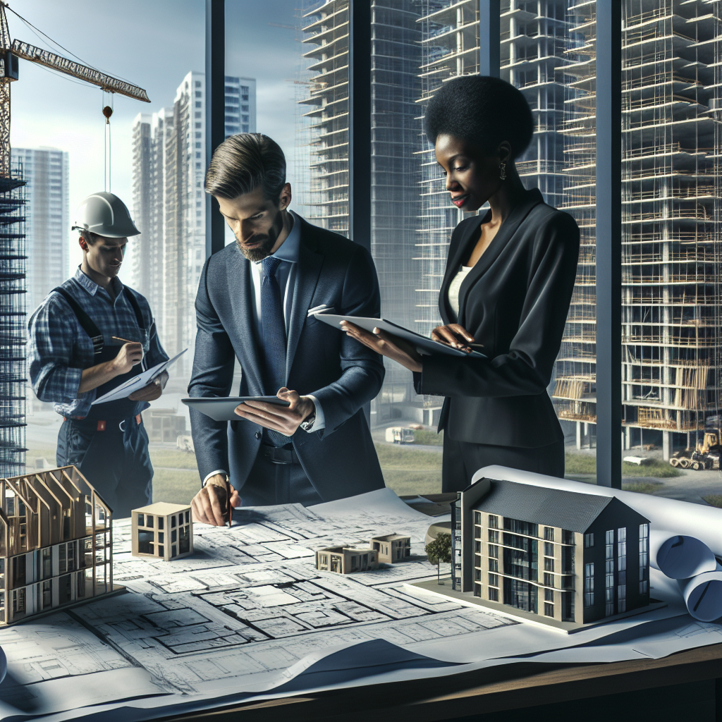 Un architecte caucasien étudie attentivement des plans étalés sur une table de dessin. À proximité, un modèle miniature d'une structure résidentielle est visible. Une femme noire, tenant une tablette numérique, discute avec l'architecte. Derrière eux, à travers une paroi de verre, des ouvriers de diverses origines portant des casques de sécurité travaillent sur un grand projet de construction. Une grue soulève des blocs tandis que de vastes échafaudages projettent un réseau d'ombres autour du site. La scène capture l'essence de la gestion de projets immobiliers.