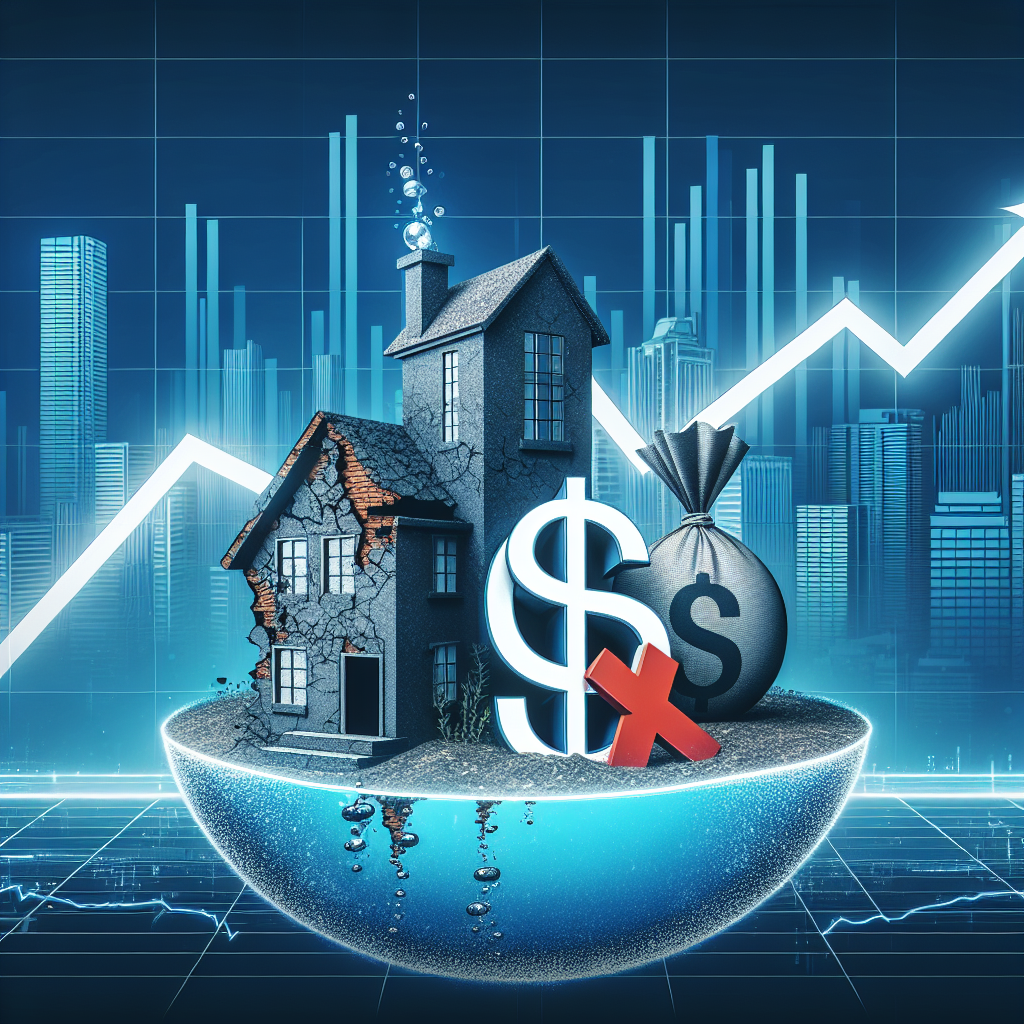 Image représentant l'industrie immobilière en 2023, mettant en avant trois symboles principaux représentant les erreurs courantes à éviter. Au centre, une maison qui s'effondre symbolisant un mauvais choix de propriété, sur la gauche, un signe dollar plongeant dans l'eau indiquant un mauvais investissement financier, et sur la droite, un document avec une grande croix rouge signifiant des erreurs légales. En arrière-plan, une ligne ascendante indique la croissance, reflétant l'ambition de se lancer dans le secteur immobilier, mais avec prudence.