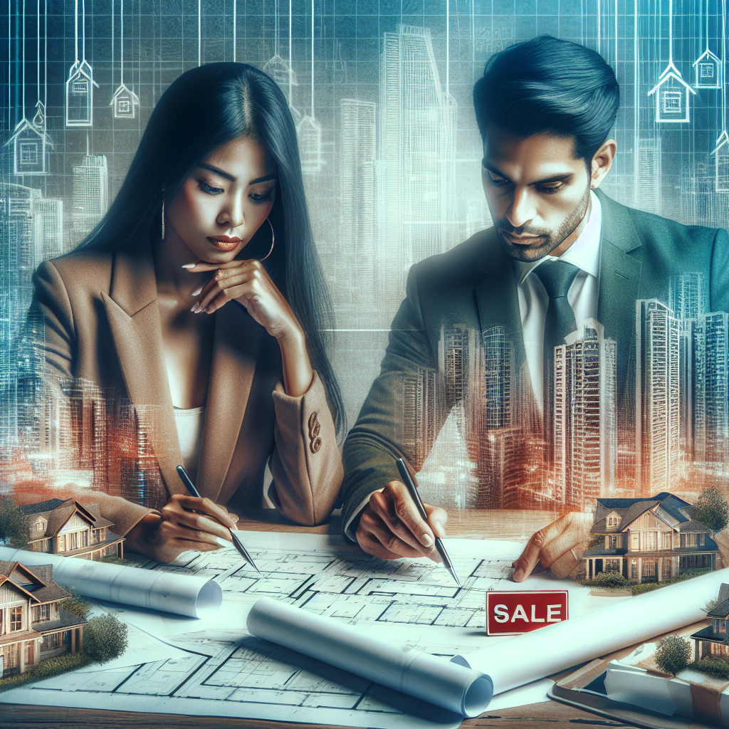 Deux professionnels, une femme d'origine sud-asiatique et un homme hispanique, examinent attentivement des plans étalés sur une table garnie de documents immobiliers, de photographies de propriétés et d'un panneau de vente. Ils pointent des détails importants et affichent des expressions réfléchies. En arrière-plan, une ville moderne avec des gratte-ciels et des complexes d'appartements se dessine, symbolisant l'investissement dans l'immobilier.