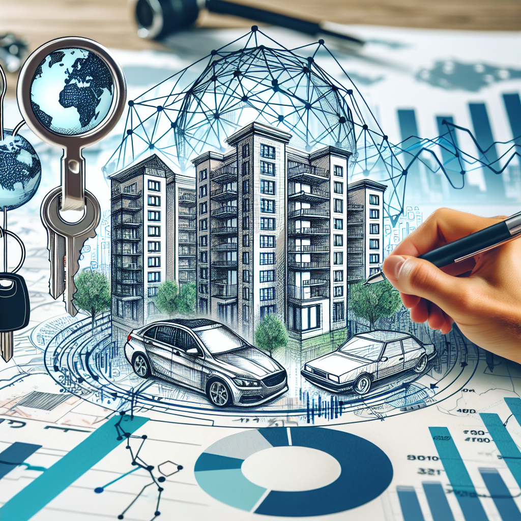 Image d'un immeuble moderne de grande hauteur avec plusieurs appartements au centre, entouré de clés de voiture, de graphiques boursiers, et d'une carte du monde en arrière-plan, symbolisant l'investissement immobilier et les intérêts mondiaux divers.