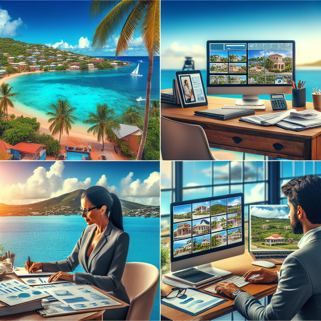 Une femme caucasienne en tenue professionnelle est concentrée sur son travail à un bureau moderne, devant un ordinateur affichant des données immobilières, entourée de documents écrits et d'un téléphone, avec une vue époustouflante sur une île caribéenne en arrière-plan. Une deuxième image montre un homme d'origine Moyen-Orientale réalisant une visite virtuelle d'un bien immobilier sur un laptop dans un cadre similaire, illustrant des professions lucratives réalisables à domicile dans un cadre tropical idyllique.