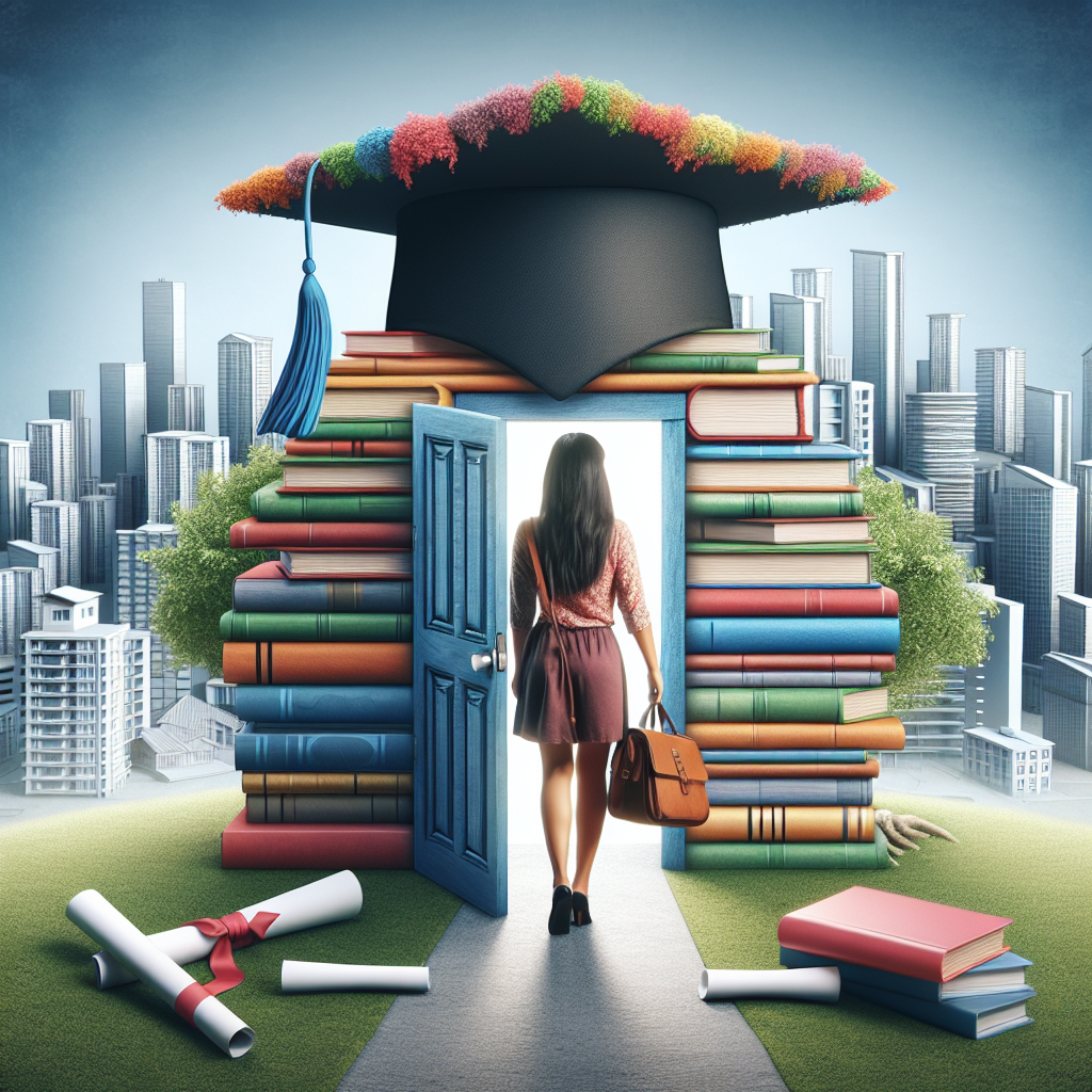 Une jeune femme hispanique, sac rempli de manuels scolaires sur l'épaule, franchissant une porte géante en forme de chapeau de graduation vers un paysage de divers styles immobiliers - condominiums, bungalows et gratte-ciels. Sous ses pieds, des livres immobiliers colorés et des plans remplacent les manuels, symbolisant le passage enrichissant de l'éducation formelle au secteur immobilier.