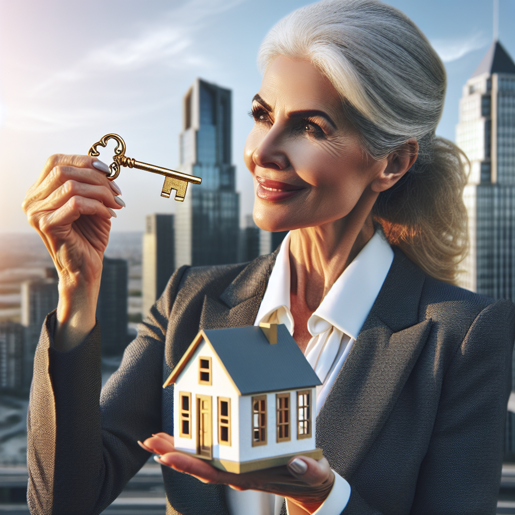 Une femme d'âge mûr de race blanche, vêtue d'une tenue professionnelle, tient un modèle réduit de maison vide dans une main, symbolisant le thème de l'immobilier, tandis qu'elle regarde joyeusement une clé dorée dans son autre main, représentant son premier anniversaire avec la banque. Le ciel dégagé et les immeubles du centre-ville en arrière-plan complètent l'image.