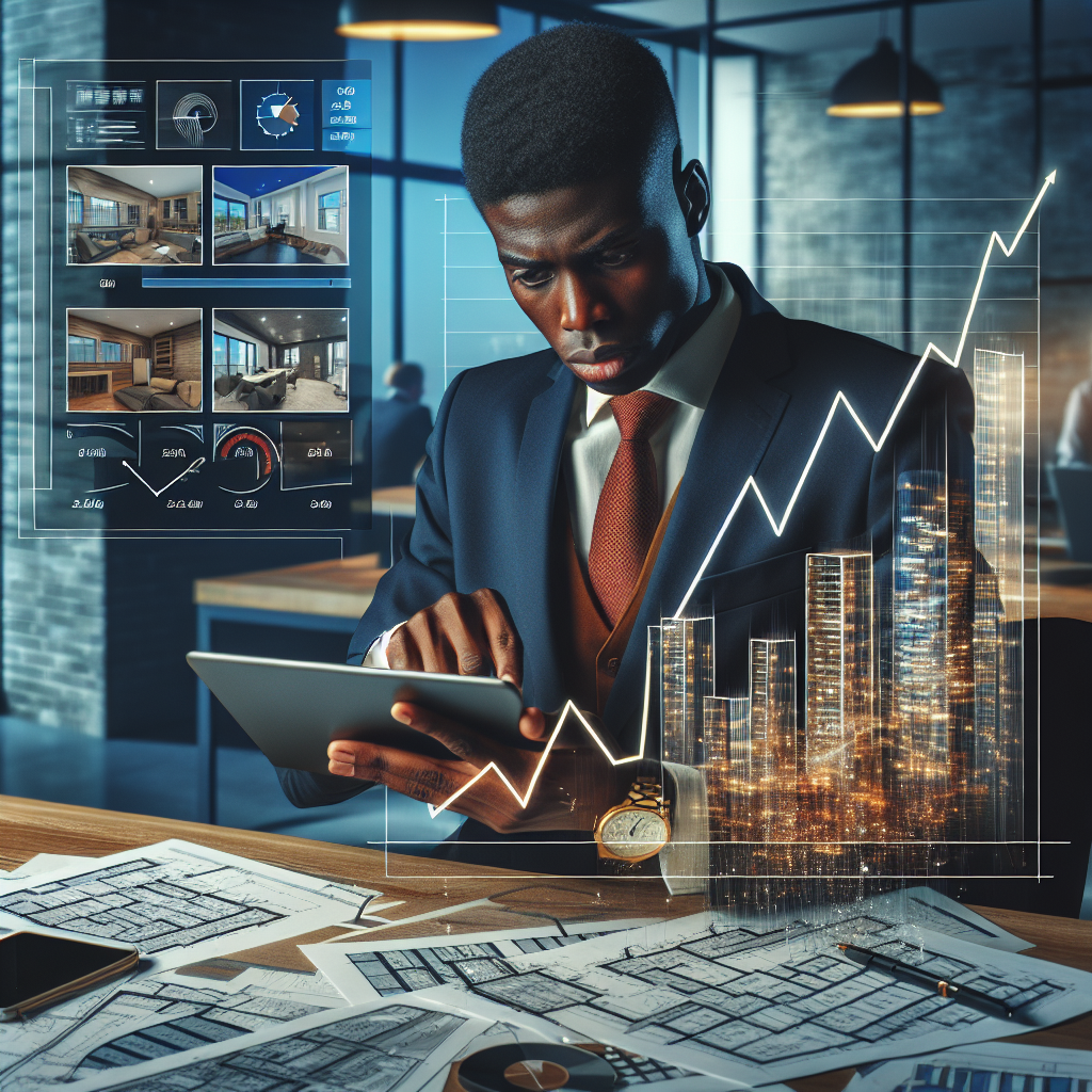 Un entrepreneur d'ascendance caribéenne, concentré, consulte des annonces immobilières sur une tablette moderne. Autour de lui, un bureau immobilier animé, parsemé de plans architecturaux détaillés et de photos de propriétés éparpillées sur le bureau. Sur l'écran de la tablette, un graphique montre une ligne en chute libre, symbolisant une perte substantielle de revenus, illustrant les risques du bouche-à-oreille dans le secteur immobilier.