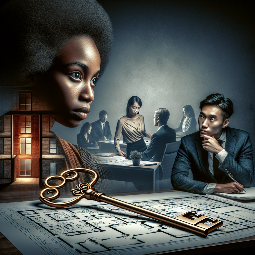 Une femme d'affaire d'origine africaine examine attentivement un plan de bâtiment étalé sur un bureau, tandis qu'à l'arrière-plan, un employé d'origine est-asiatique contemple la scène avec envie et curiosité depuis son propre bureau. Une clé, symbolisant peut-être la propriété ou une connaissance cruciale, occupe une place de choix dans l'image, soulignant l'importance de l'élément clé pour le succès dans le monde de l'immobilier.