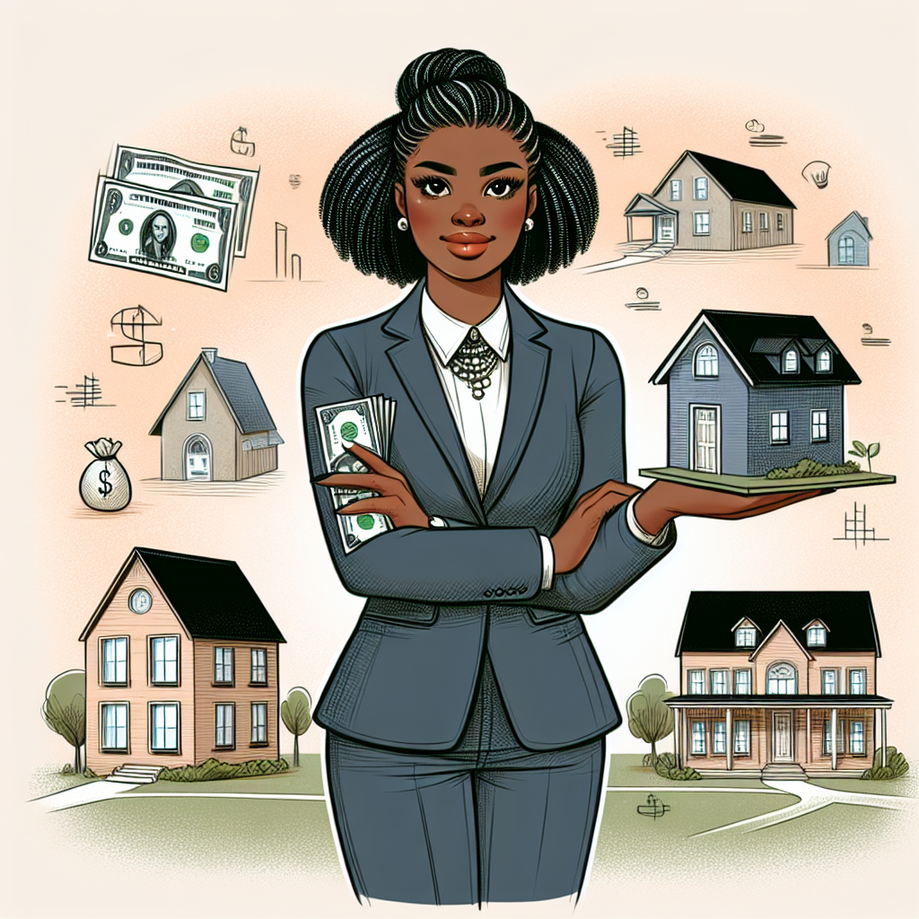 Une jeune femme noire en tenue professionnelle, Nelly, se tient debout devant une maison modeste mais belle, les bras croisés, irradiant de confiance. Elle tient un billet de banque, symbolisant le flux de trésorerie, ainsi qu'une petite maison miniature dans sa paume, représentant les opérations immobilières à petit budget. À l'arrière-plan, d'autres maisons esquissent le contexte de l'investissement immobilier.