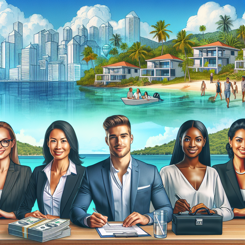 Image représentant les cinq emplois les mieux rémunérés dans le secteur du recrutement aux Caraïbes, liés à l'immobilier, avec un arrière-plan dynamique des Caraïbes incluant divers espaces de bureau. On voit des figures professionnelles diverses : un homme caucasien dans la conception architecturale, une femme hispanique dans la vente immobilière résidentielle, un homme du Moyen-Orient dans l'investissement immobilier commercial, une femme noire dans la gestion immobilière, et une femme sud-asiatique dans le courtage immobilier, tous ayant l'air réussis et satisfaits. Des détails comme une pile de billets ou des signatures de contrats sont ajoutés pour représenter le caractère très bien rémunéré de ces professions.
