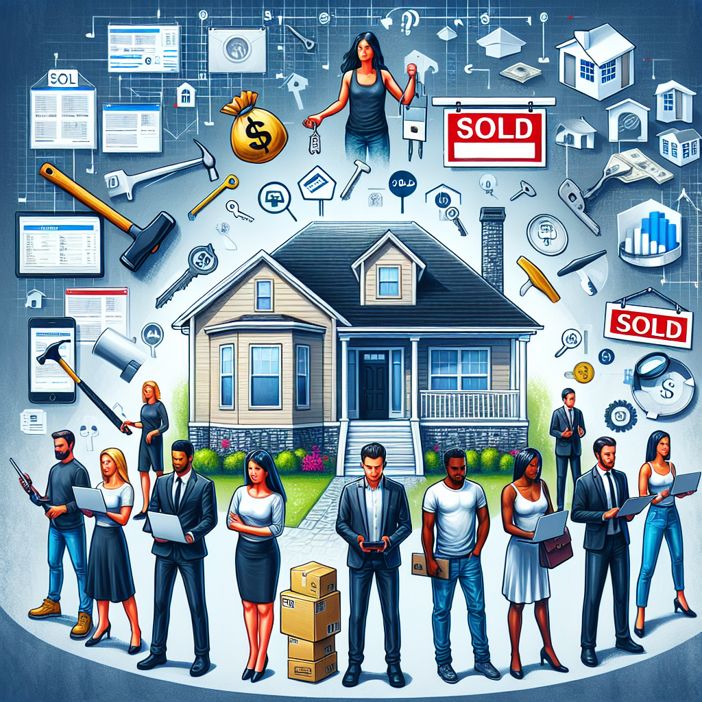 Groupe diversifié de personnes debout autour d'une maison vendue, symbolisant l'investissement immobilier comme source de revenus multiples. Chaque individu tient un objet représentant différents types de revenus immobiliers : clés de location, acte de propriété, marteau d'enchère en ligne, écran d'ordinateur pour le commerce virtuel, plan de construction et boîte à outils de maintenance. Le numéro 69 est discrètement intégré dans les détails.