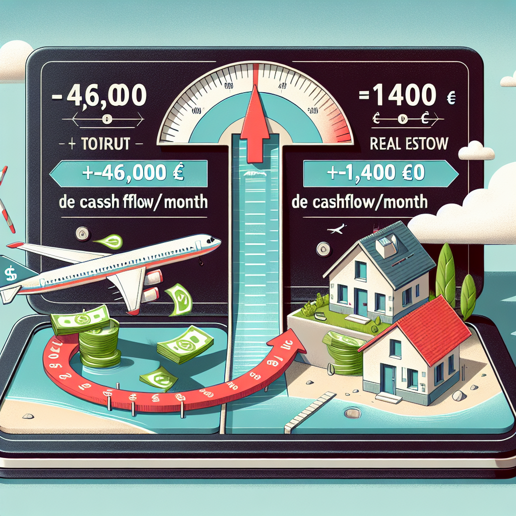 Image montrant une balance; à gauche, un poids marqué "-46,000 €" symbolise une dette, à droite, un poids avec "+1,400 € de cashflow/mois" indique une croissance financière due à l'immobilier. Une petite maison au centre illustre le thème immobilier. En arrière-plan, un avion vole vers une île, symbolisant le concept de 'retour au péyi'.