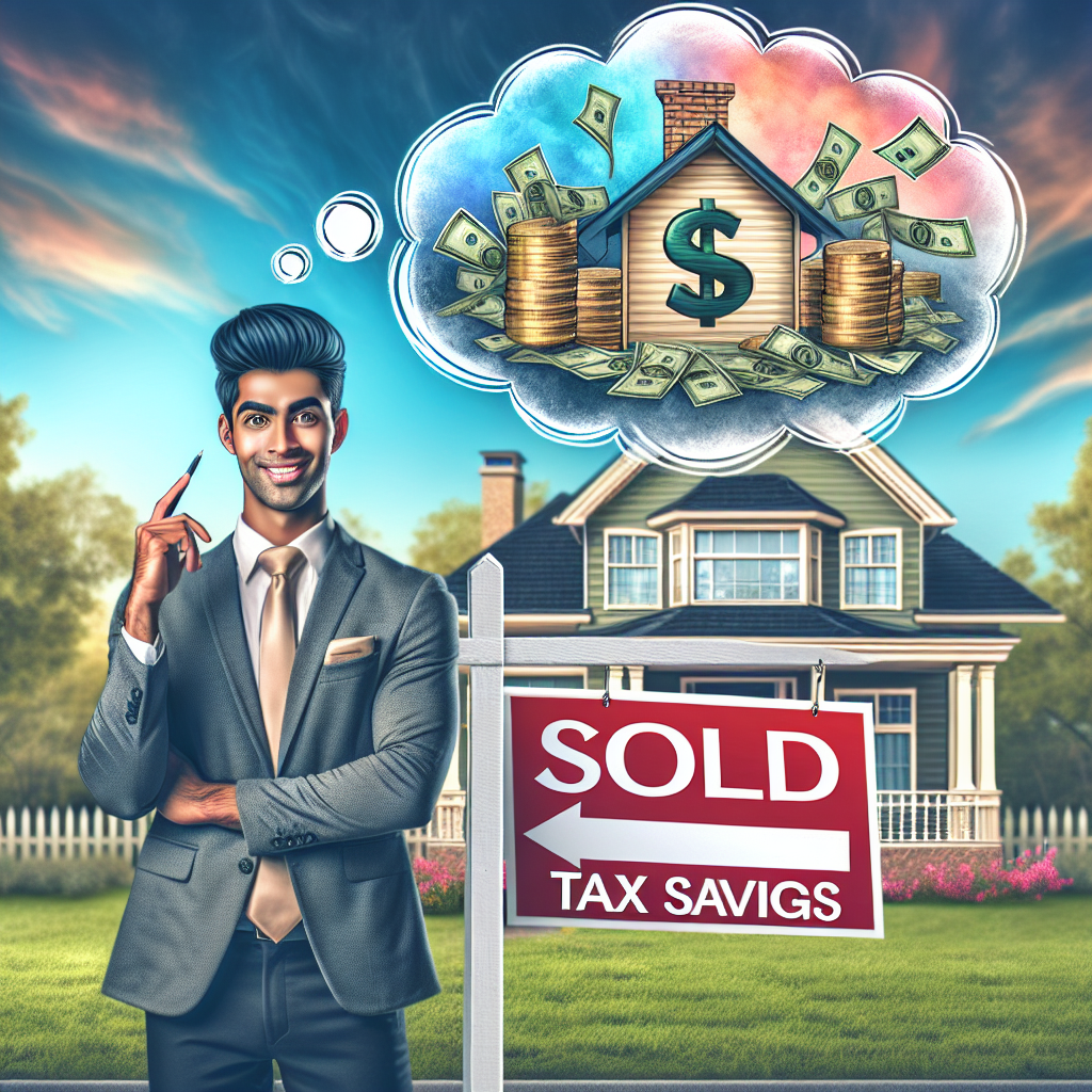 Un agent immobilier dynamique d'origine sud-asiatique se tient à côté d'un panneau "Vendu" devant une maison attrayante et abordable. Au-dessus de sa tête, une bulle de pensée illustre des piles d'argent économisé, symbolisant l'économie d'impôts. Le ciel, peint avec des signes de dollar se fondant progressivement dans les nuages, ajoute une touche vivante et symbolique à l'économie d'investissement immobilier et fiscale. La composition est vibrante, captivant le thème de l'investissement immobilier et des économies fiscales.