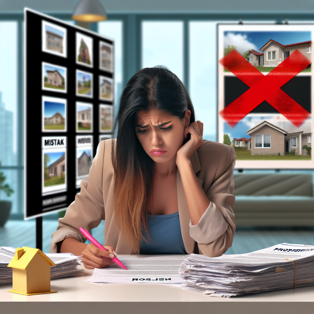 Image : Une jeune femme hispanique semble frustrée et perplexe en examinant une pile de documents immobiliers sur une table. En arrière-plan, un tableau d'annonces immobilières montre diverses propriétés, chacune marquée d'une croix rouge indiquant une erreur.
