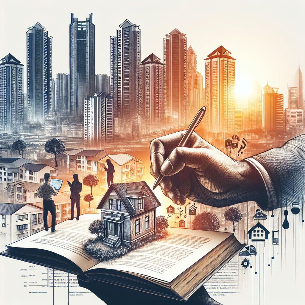 Un individu multiethnique prenant des notes à partir d'un livre sur l'immobilier tout en consultant des annonces immobilières sur son ordinateur portable, avec en arrière-plan une silhouette de ville mettant en lumière des bâtiments résidentiels et commerciaux, symbolisant les domaines potentiels d'investissement.