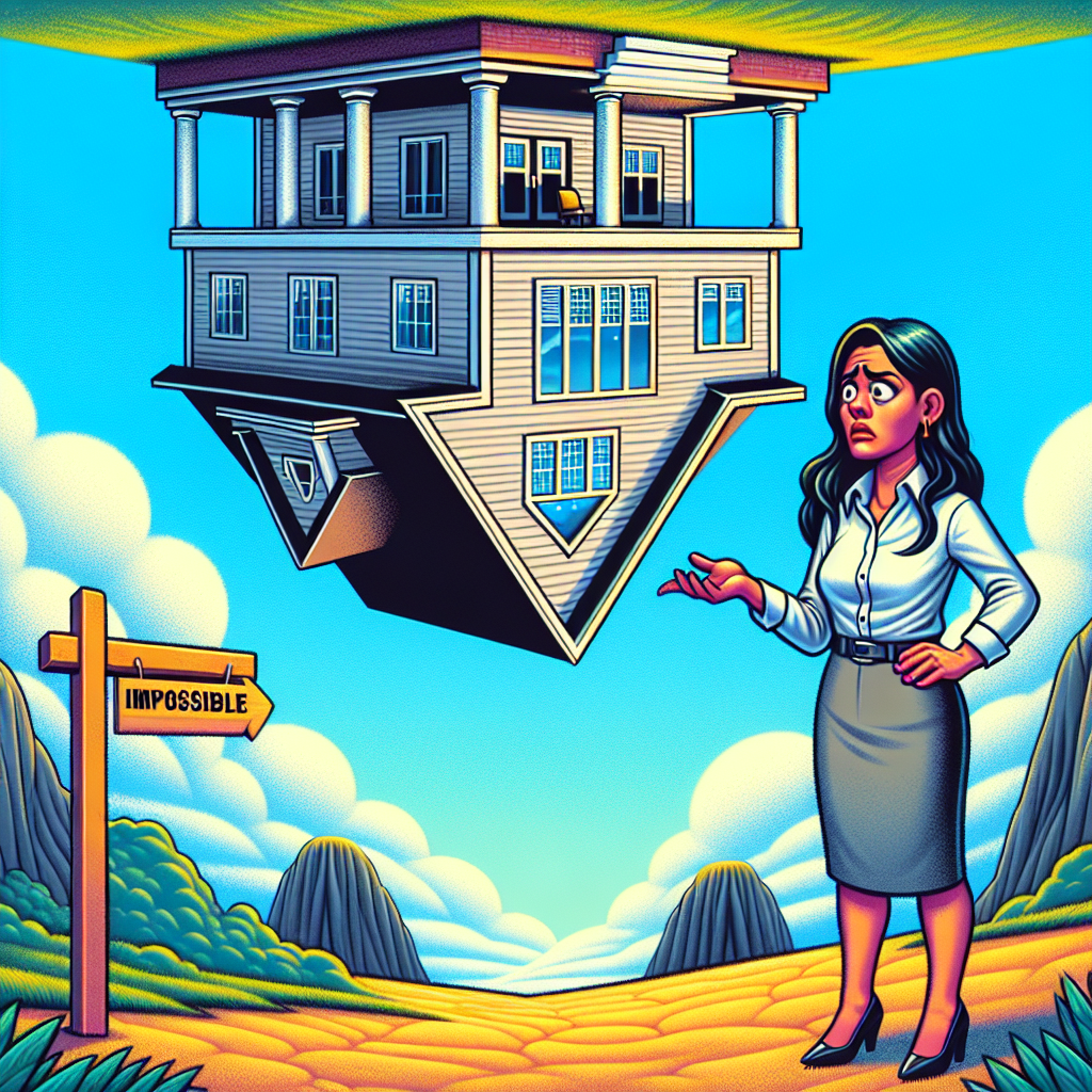 Une femme d'affaires hispanique en tenue professionnelle, regardant avec incrédulité une maison aux couleurs vives posée à l'envers. Le réalisme de la maison contraste avec la situation surréaliste, accentuée par un ciel clair et bleu, mettant en évidence l'absurdité de la scène dans le domaine de l'immobilier.