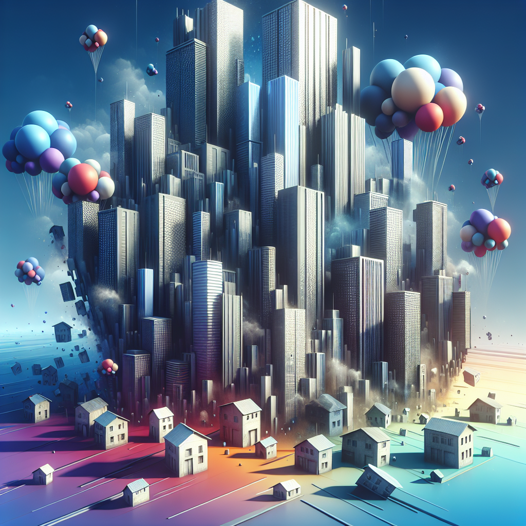Cluster de gratte-ciels défiant les lois de la physique en s'appuyant les uns contre les autres dans un arrangement improbable, avec des maisons flottantes gonflables près du sommet, le tout dans des couleurs froides de bleus, de pourpres et de gris, évoquant un environnement surréel et onirique, symbolisant l'impossibilité dans le domaine de l'immobilier.