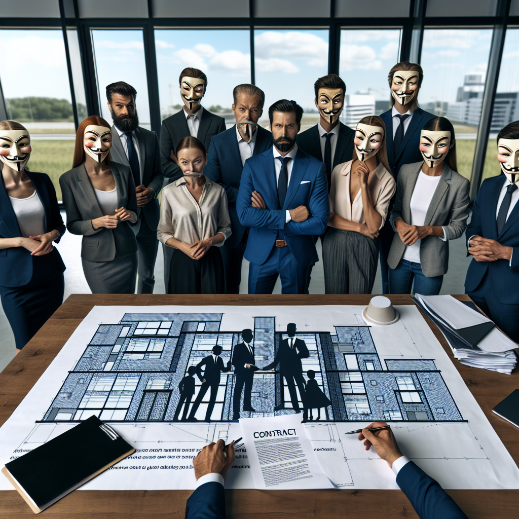 Groupe d'investisseurs diversifié en termes de genres et d'ethnicités, vêtus d'attire d'affaires, se tenant autour d'un grand plan de projet immobilier disposé sur une table. Leurs expressions faciales évoquent la ruse ou la malhonnêteté plutôt que l'amabilité. Un contrat comportant une clause déloyale est subtilement présenté à un couple naïf. Le décor est celui d'un bureau moderne et bien décoré.