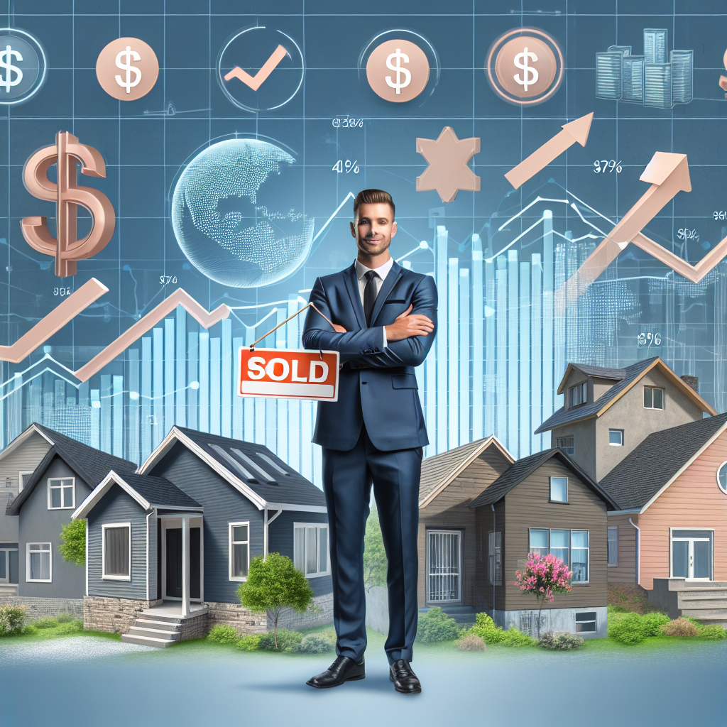 Un agent immobilier caucasien tient fièrement une pancarte 'vendu' devant un ensemble varié de propriétés, d’une petite maison à un grand bâtiment commercial, symbolisant la stabilité et la croissance malgré l'économie. Des signes de dollar et des flèches vers le bas l'entourent, mais il reste optimiste. À l'arrière-plan, un graphique montre une croissance constante dans des conditions économiques variables.