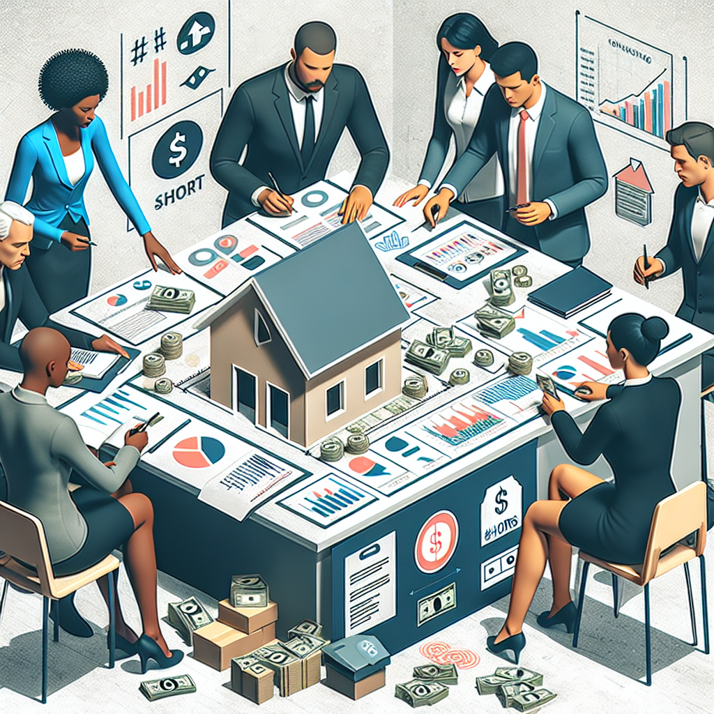 Un groupe diversifié de personnes étudiant un plan de maison sur une table avec des graphiques, des diagrammes et des symboles monétaires pour symboliser le financement dans l'immobilier, et le symbole #shorts flottant au-dessus pour indiquer des méthodes rapides de financement.