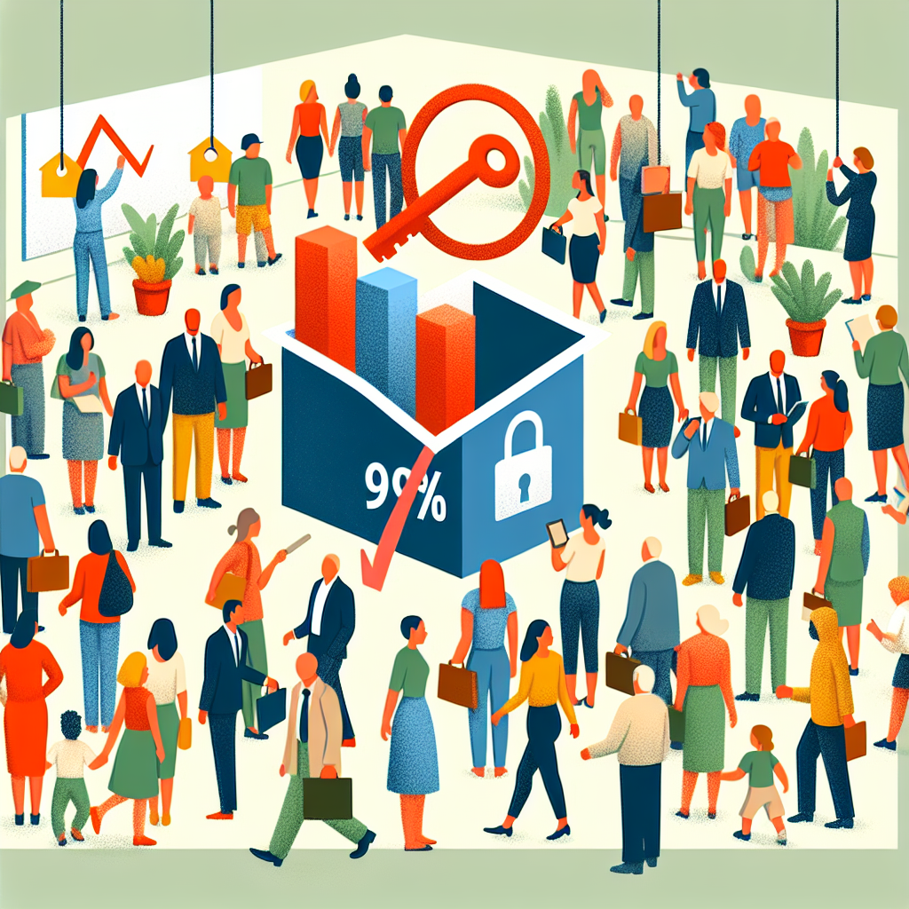 Vue d'une foule diverse tenant des clés devant une grande pancarte "Vendu" avec "99%" visiblement inscrit dessus, soulignant le manque de compréhension commun dans le domaine de l'immobilier.
