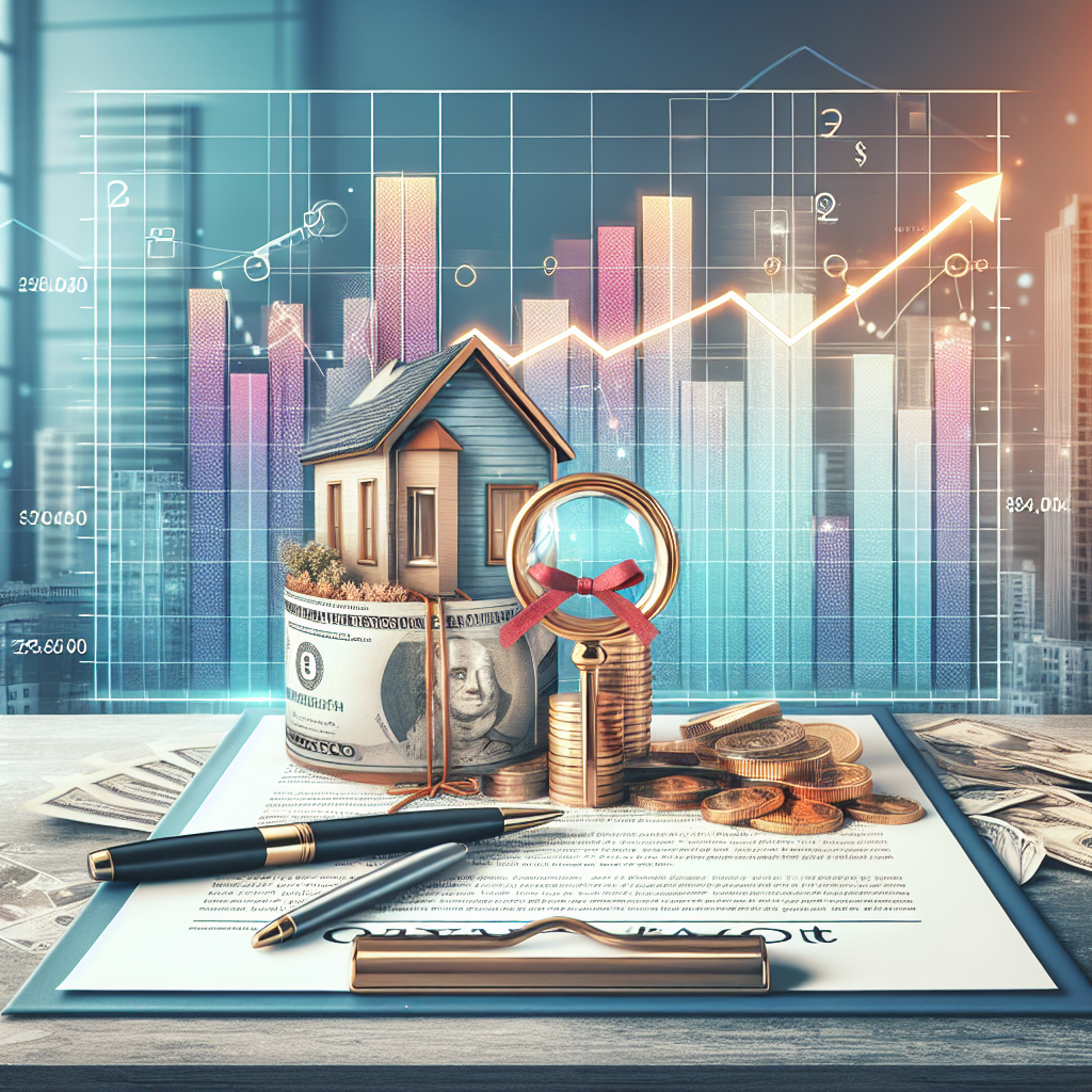 Une graphique montrant une tendance positive dans l'investissement immobilier, avec des billets de banque et des pièces au premier plan. Une clé symbolisant la propriété immobilière est liée avec un ruban rouge à un contrat, symbolisant un accord de prêt ou d'hypothèque. Une loupe survole le document, soulignant l'importance de la lecture et de la compréhension détaillées des techniques de financement. La scène se déroule sur un bureau moderne avec un paysage urbain en arrière-plan, représentant le marché immobilier.