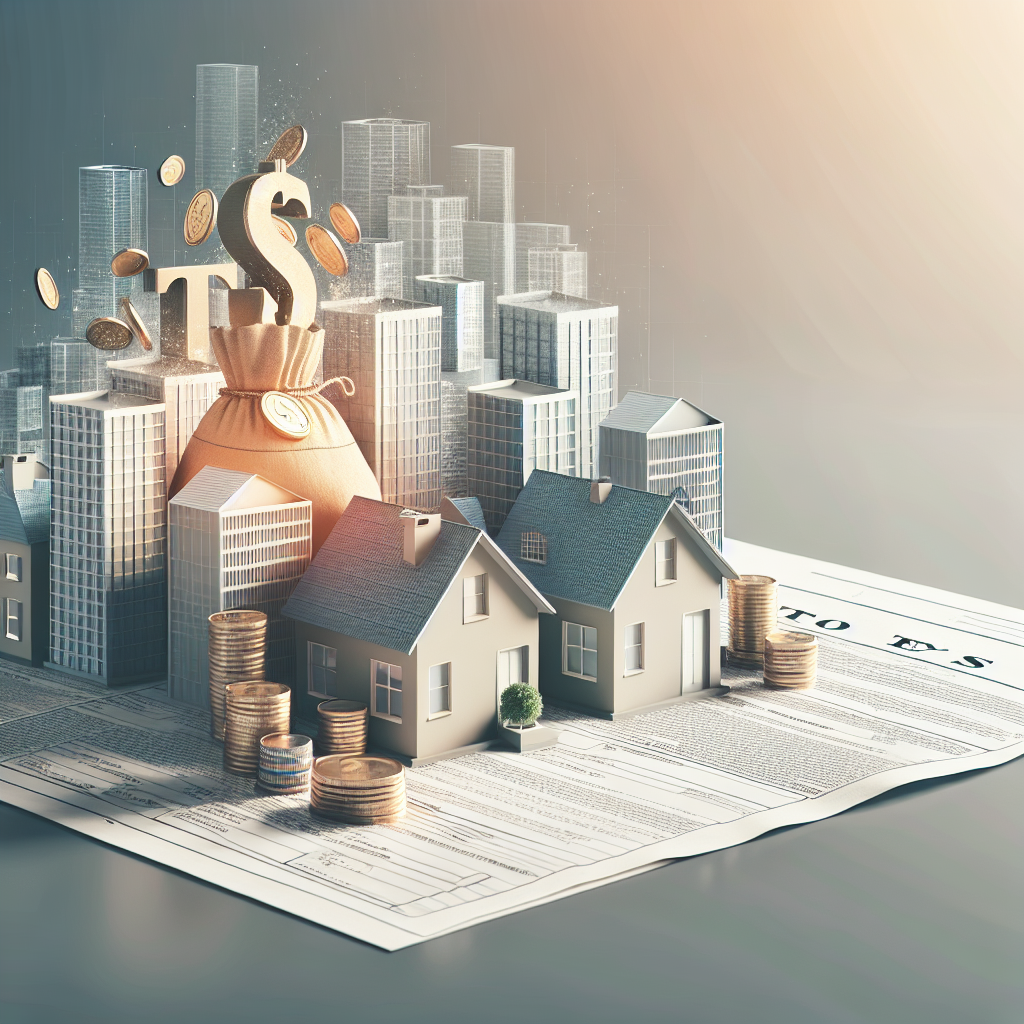 Image représentant une stratégie infaillible d'évitement fiscal dans l'immobilier. On voit des gratte-ciels, des maisons résidentielles et des papiers hypothécaires entourés d'une pile dense de pièces de monnaie qui se réduit jusqu'à disparaître de l'autre côté, symbolisant une réduction de la charge fiscale. Le décor, propre et séduisant, souligne une démarche positive et maîtrisée.