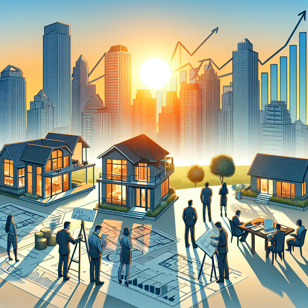 Une illustration vivante montrant un groupe diversifié d'investisseurs immobiliers de haut niveau, incluant différentes genres et origines, examinant attentivement des plans et maquettes de propriétés de luxe. En arrière-plan, un graphique monte en flèche, symbolisant l'accumulation de richesses. La scène est baignée dans la lumière dorée du soleil couchant, projetant de longues ombres qui soulignent le passage incessant du temps et la quête de prospérité.