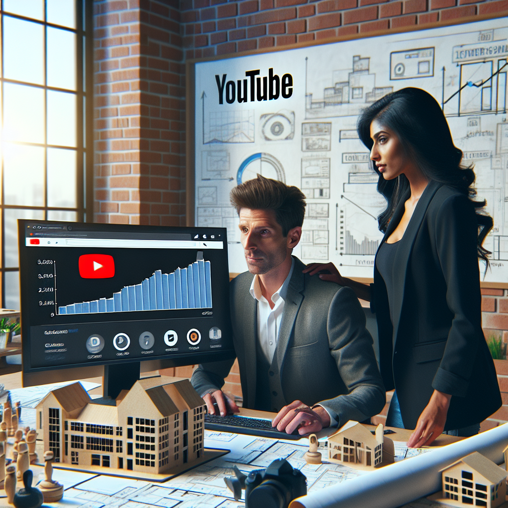 alt="Un homme caucasien et une femme sud-asiatique, tous deux agents immobiliers, se préparent à enregistrer une vidéo YouTube dans un bureau rempli de plans et de maquettes architecturales de maisons et bâtiments. Ils examinent l'écran d'un ordinateur affichant des analyses YouTube et des graphiques montrant une hausse des abonnés. Le logo du bouton de lecture YouTube est discrètement présent sur le mur en arrière-plan."