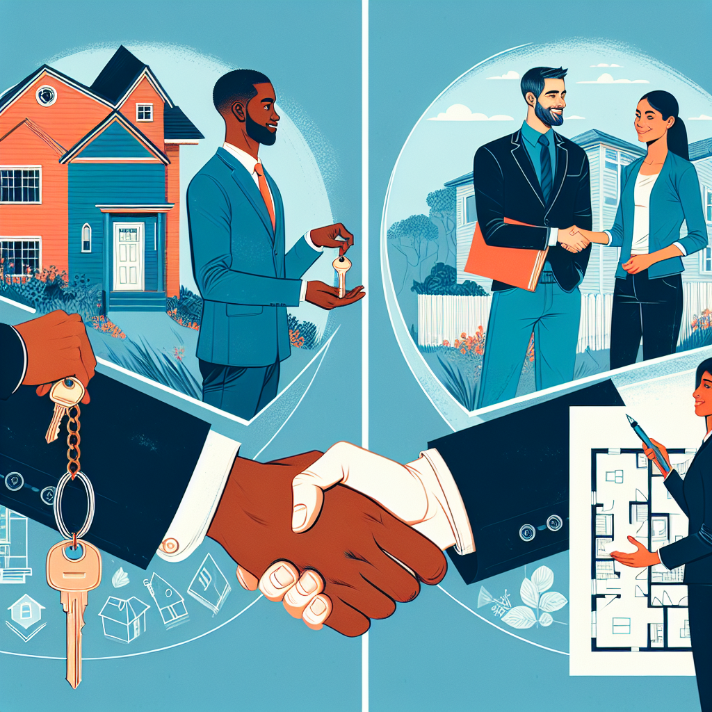 alt="Scène illustrant l'industrie immobilière : à gauche, une agente immobilière noire remet des clés à un homme hispanique devant une maison (transaction B to C) ; à droite, un homme caucasien et une femme sud-asiatique, tous deux professionnels de l'immobilier, se serrent la main au-dessus de plans de bâtiment (transaction B to B). En avant-plan, un poignet tenant une clé symbolise l'immobilier."