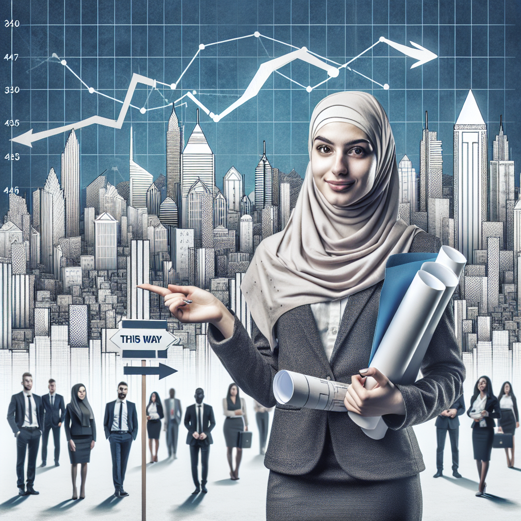 alt="Scène professionnelle dynamique montrant une femme d'origine moyen-orientale tenant des plans et parlant devant une grande ligne d'horizon urbaine composée de barres en forme de graphique. Elle pointe vers la ville avec assurance, suggérant de nouveaux investissements immobiliers. À côté d'elle, un panneau en forme de flèche indiquant 'Par ici' symbolise un changement de direction, créant une ambiance de transformation dans le monde des affaires."